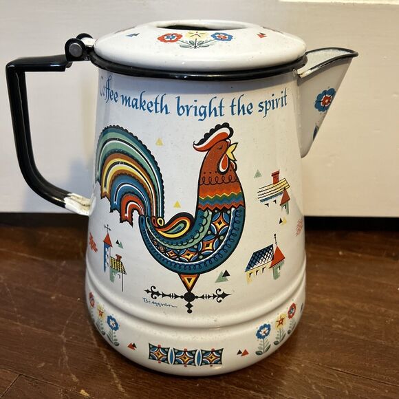 Vintage 1960's Berggern Swedish Floral Rooster Enamelware Coffee Tea Pot - Picture 3 of 10